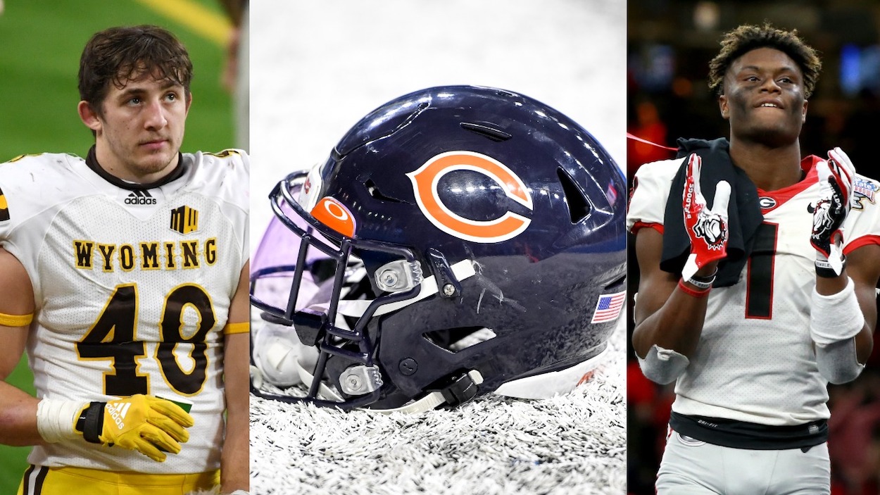 (L-R) Wyoing LB Chad Muma, a Chicago Bears helmet, and Georgia WR George Pickens. Pickens and Muma are selections in this Chicago Bears mock draft.