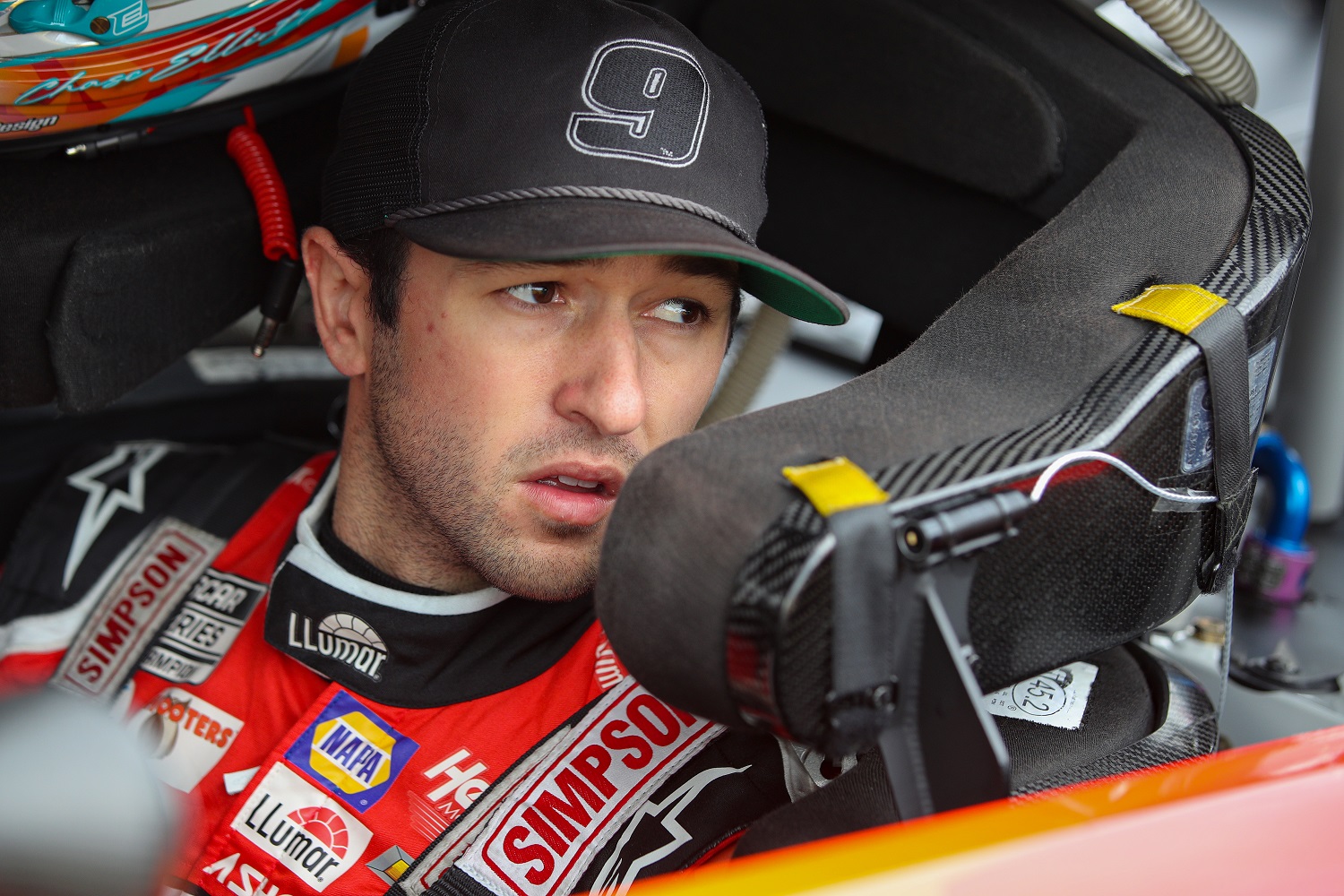 Chase Elliott sits in his car during qualifying for the NASCAR Cup Series Blue-Emu Maximum Pain Relief 400 at Martinsville Speedway on April 8, 2022.
