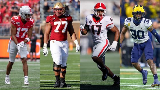 (L-R) Ohio State WR Chris Olave, Boston College G Zion Johnson, Georgia LB Nakobe Dean, Michigan S Daxton Hill should all be New England Patriots targets at No. 21 in the 2022 NFL Draft.