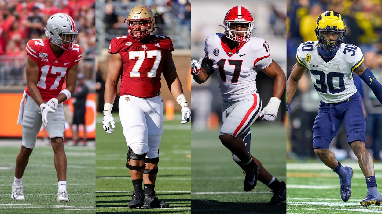 (L-R) Ohio State WR Chris Olave, Boston College G Zion Johnson, Georgia LB Nakobe Dean, Michigan S Daxton Hill should all be New England Patriots targets at No. 21 in the 2022 NFL Draft.