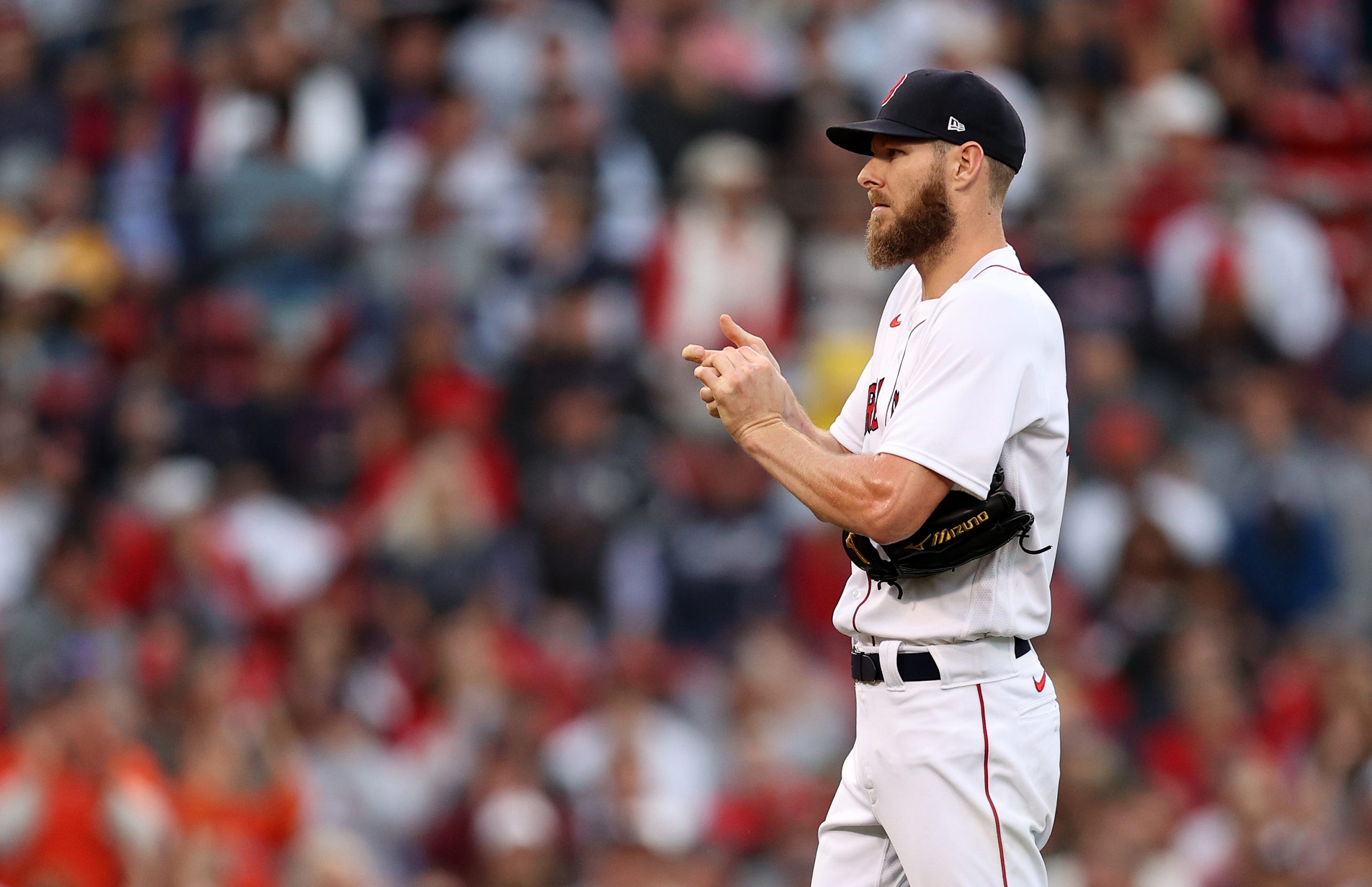 Chris Sale of the Boston Red Sox stands on the mound in the second inning of Game 5 of the American League Championship Series against the Houston Astros.