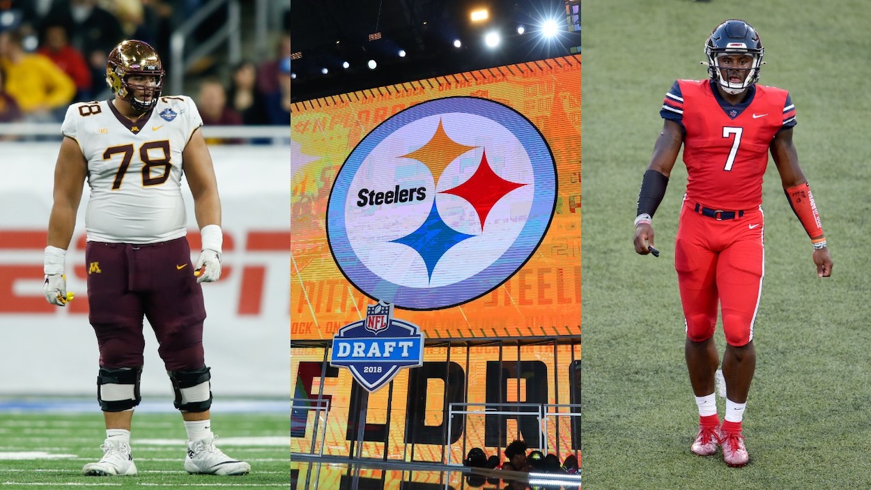 (L-R) Minnesota OT Daniel Faalele, Pittsburgh Steelers logo at the 2018 NFL Draft, Liberty QB Malik Willis. Faalele and Willis are picks in this Pittsburgh Steelers mock draft.