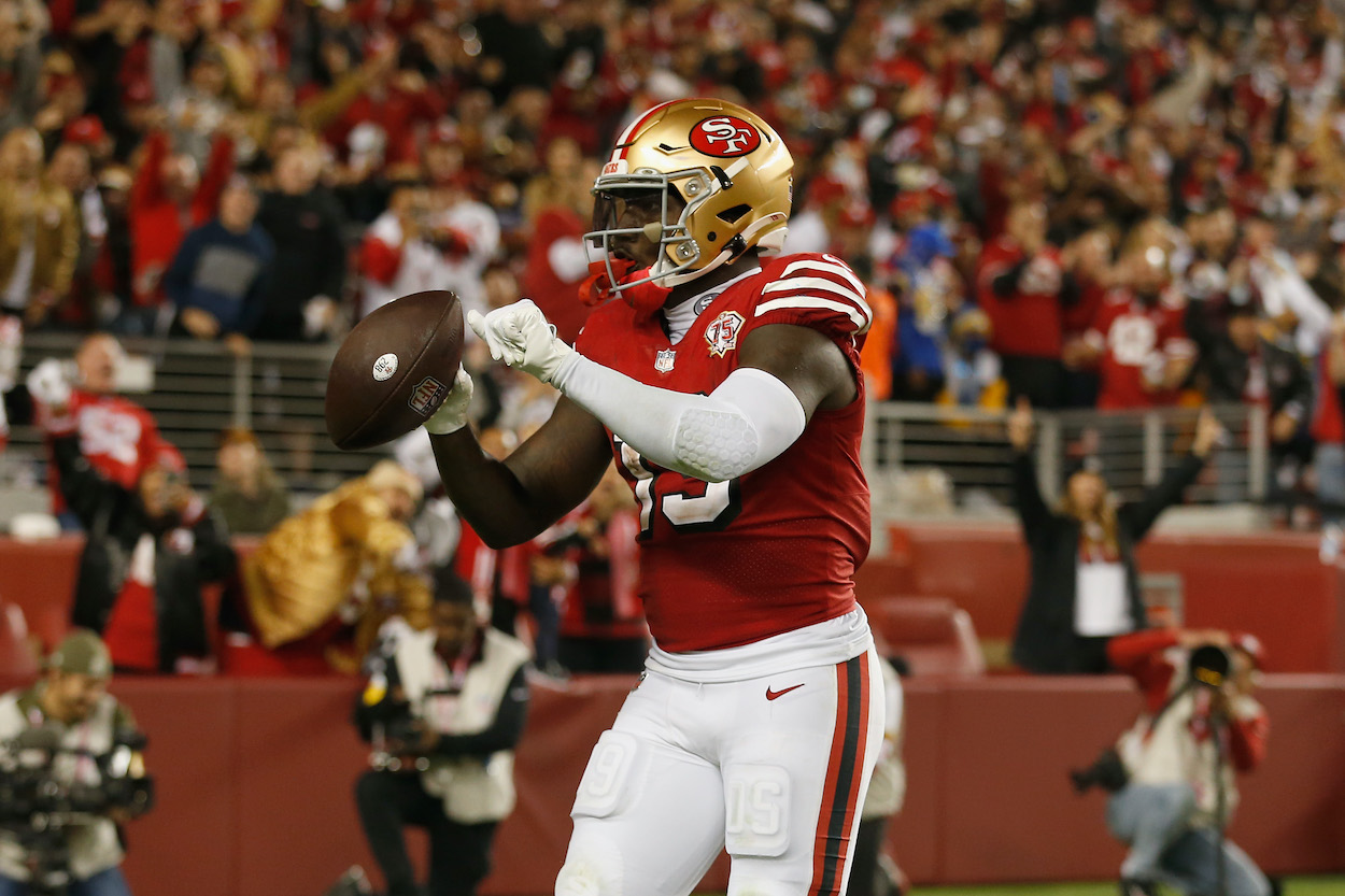 Deebo Samuel of the San Francisco 49ers celebrates in 2021. Could he be on the move to the New York Jets?