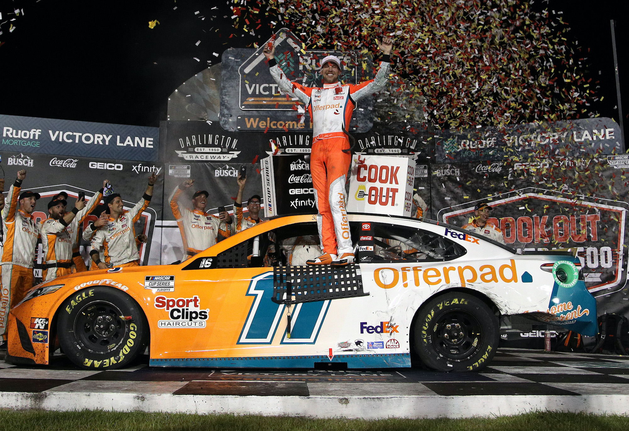 Denny Hamlin celebrates