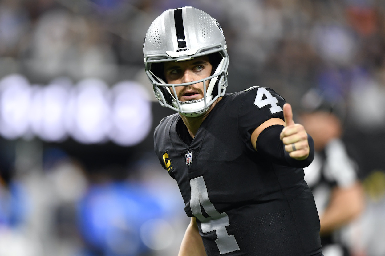 Las Vegas Raiders quarterback Derek Carr during a game in 2022. The Raiders just handed out a Derek Carr contract extension to the player.