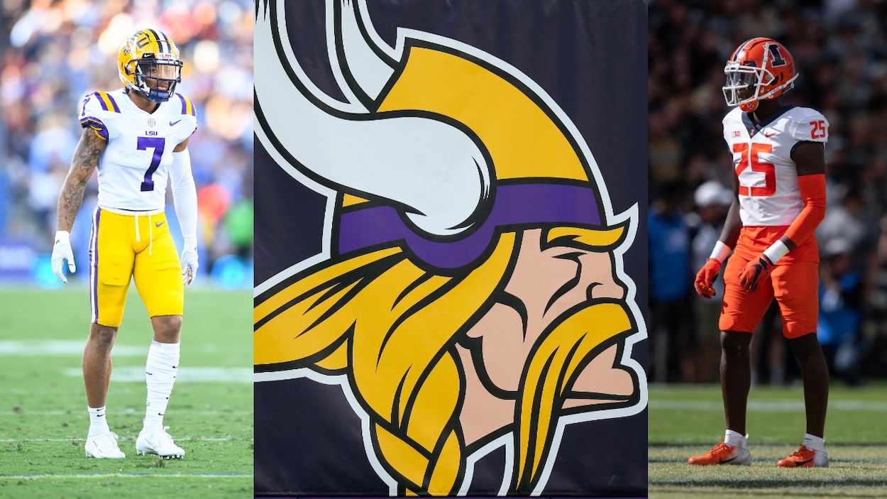 (L-R) LSU CB Derek Stingley Jr., the Minnesota Vikings logo, Illinois S Kerby Joseph. Stingley and Joesph are selections in this Minnesota Vikings mock draft.