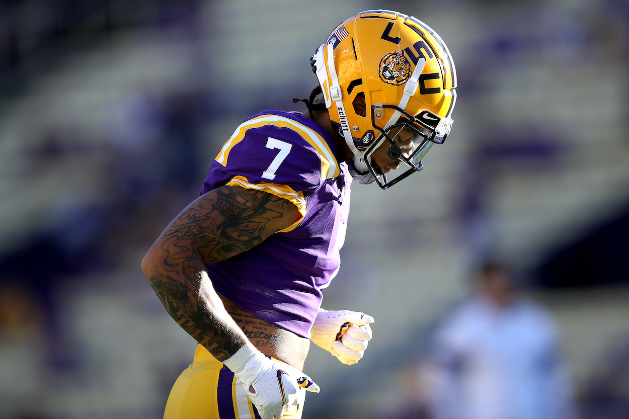 Derek Stingley Jr. of the LSU Tigers warms up prior to a game in 2021. Stingley could be a pick of the Minnesota Vikings in the 2022 NFL Draft.