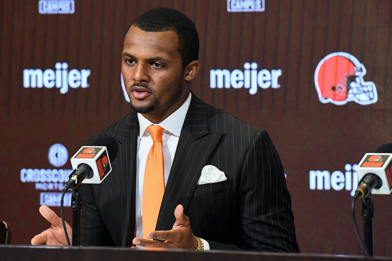 Quarterback Deshaun Watson of the Cleveland Browns speaks during his introductory press conference.