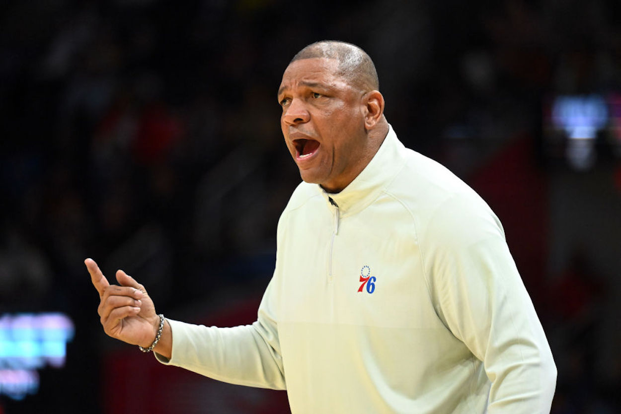 Doc Rivers yells instructions to his Philadelphia 76ers.