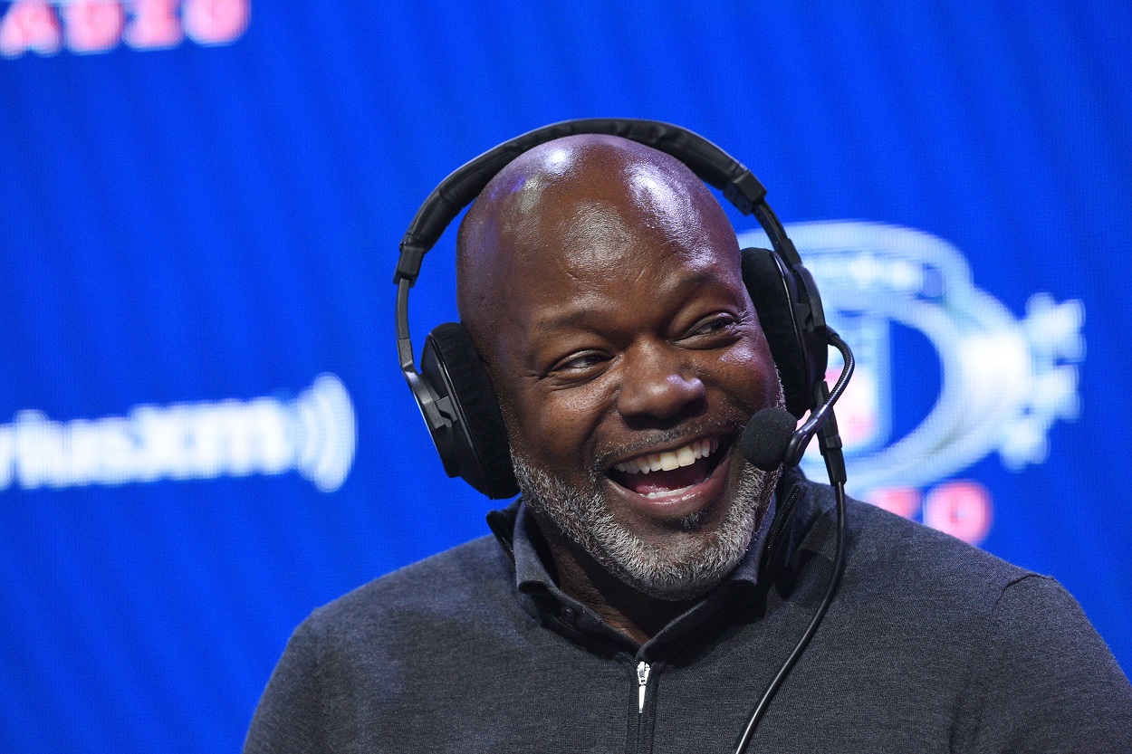 Dallas Cowboys legend Emmitt Smith gives an interview ahead of Super Bowl 56