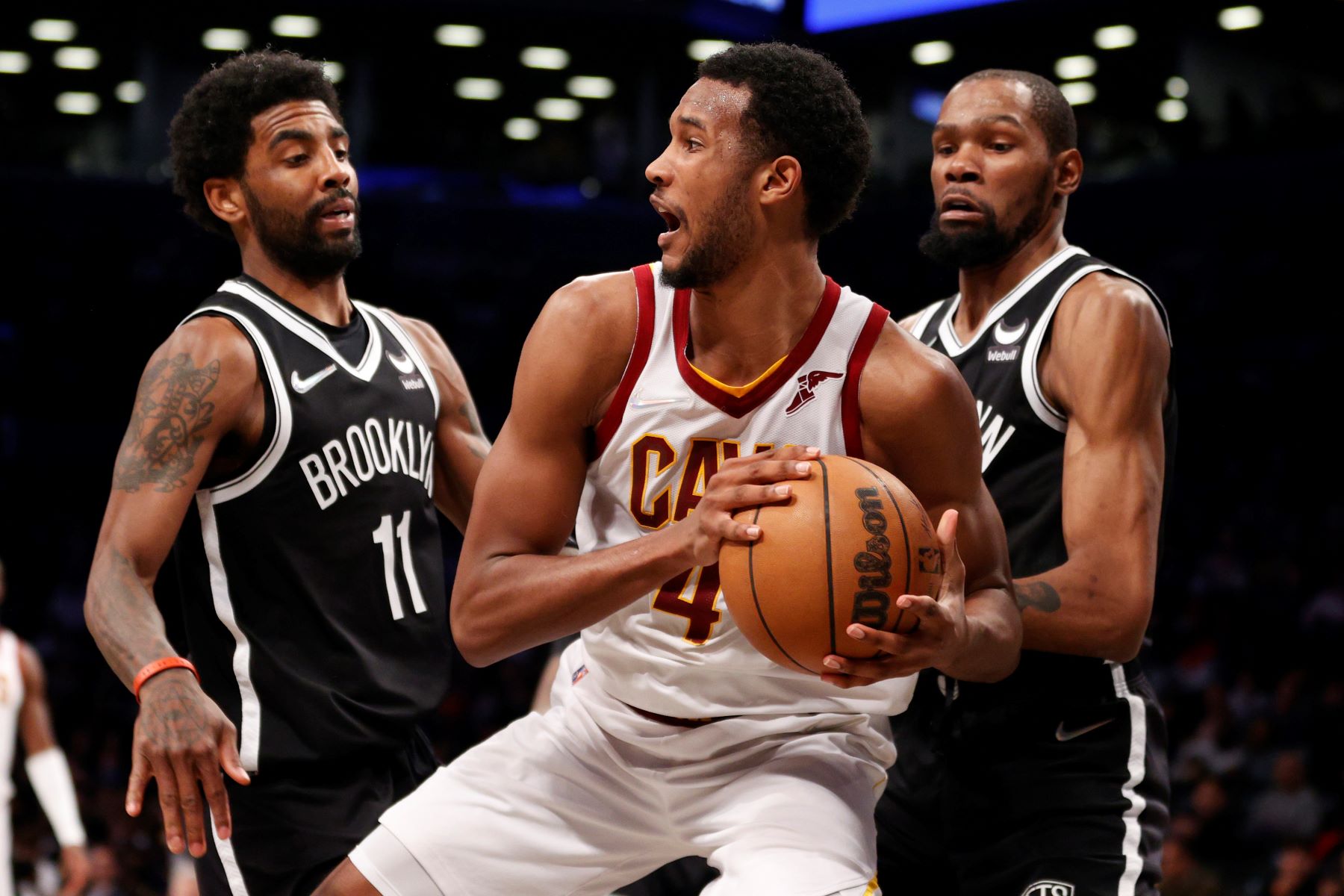 Evan Mobley #4 of the Cleveland Cavaliers playing against the Brooklyn Nets