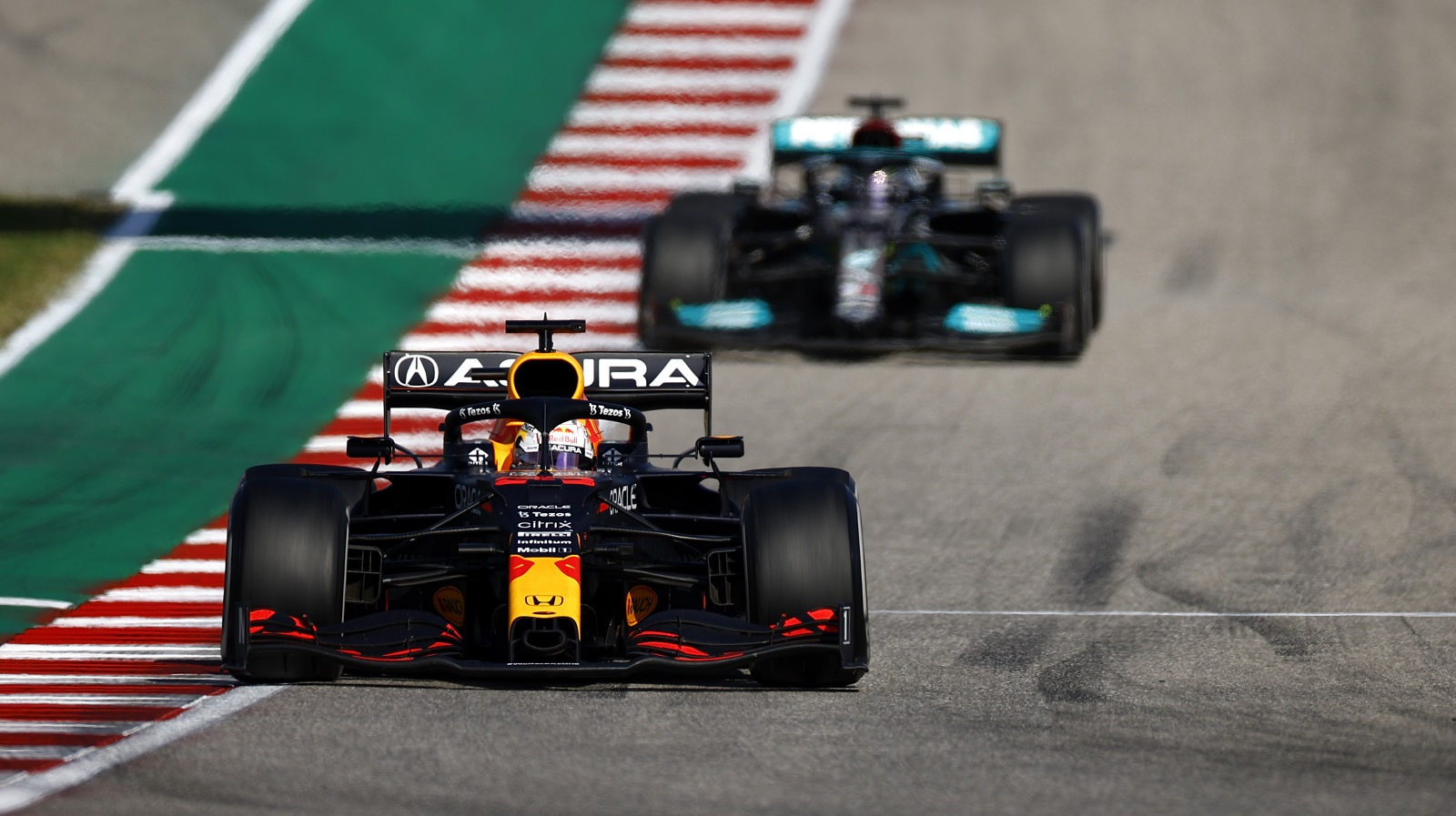 Max Verstappen leads Lewis Hamilton during the Formula 1 U.S. Grand Prix at Circuit of the Americas on Oct. 24, 2021 in Austin, Texas.