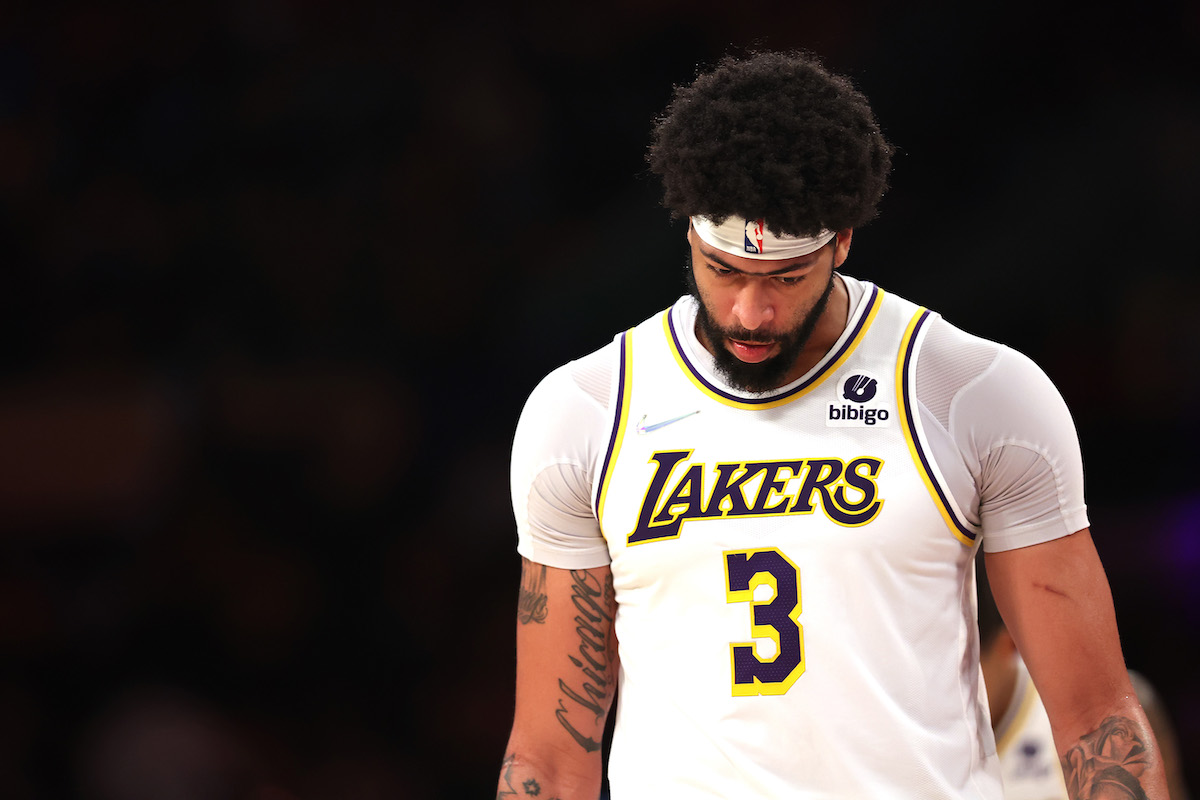 Anthony Davis looks down after a Los Angeles Lakers loss to the Denver Nuggets.