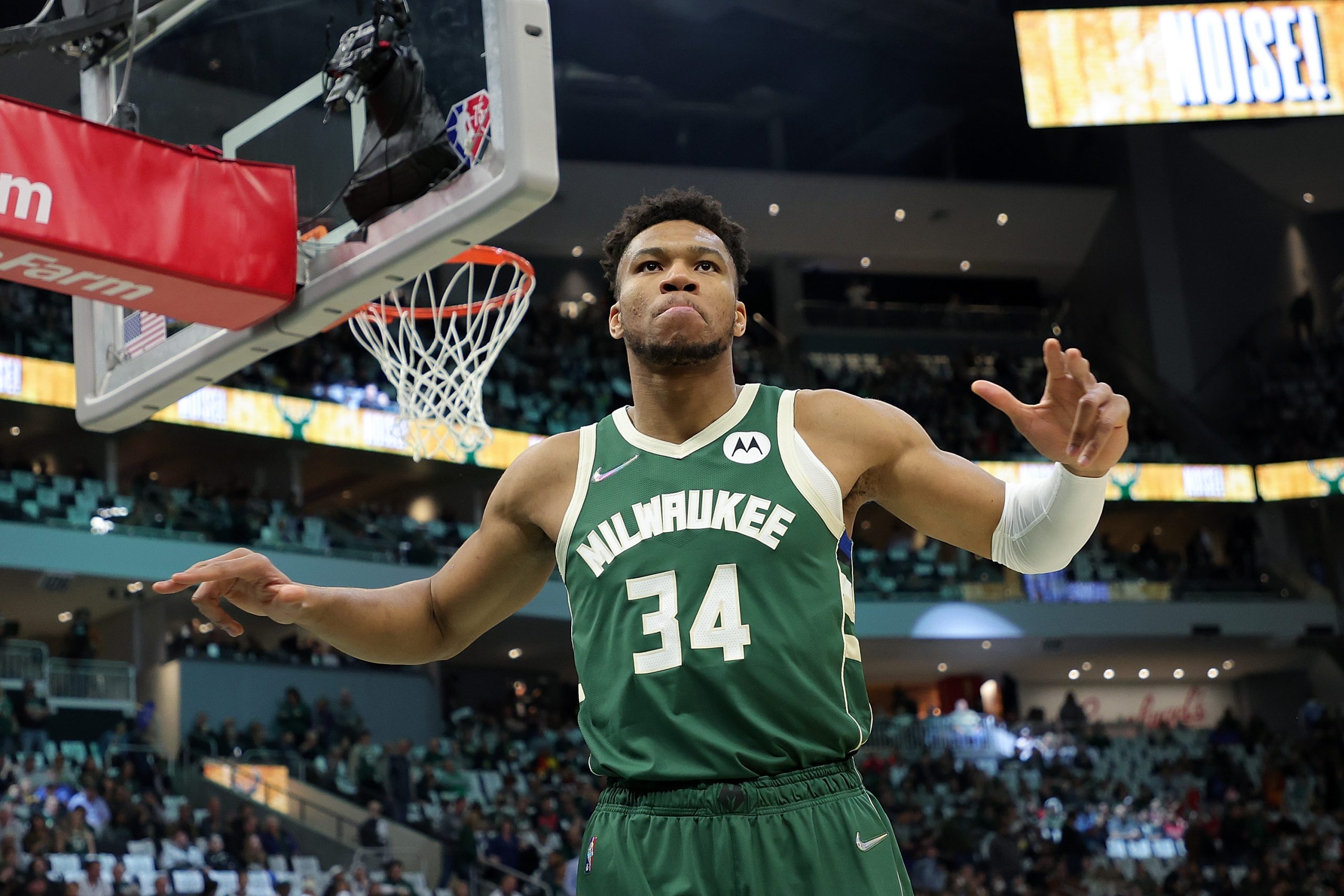 Giannis Antetokounmpo of the Milwaukee Bucks walks to the baseline prior to Game 5 against the Chicago Bulls.