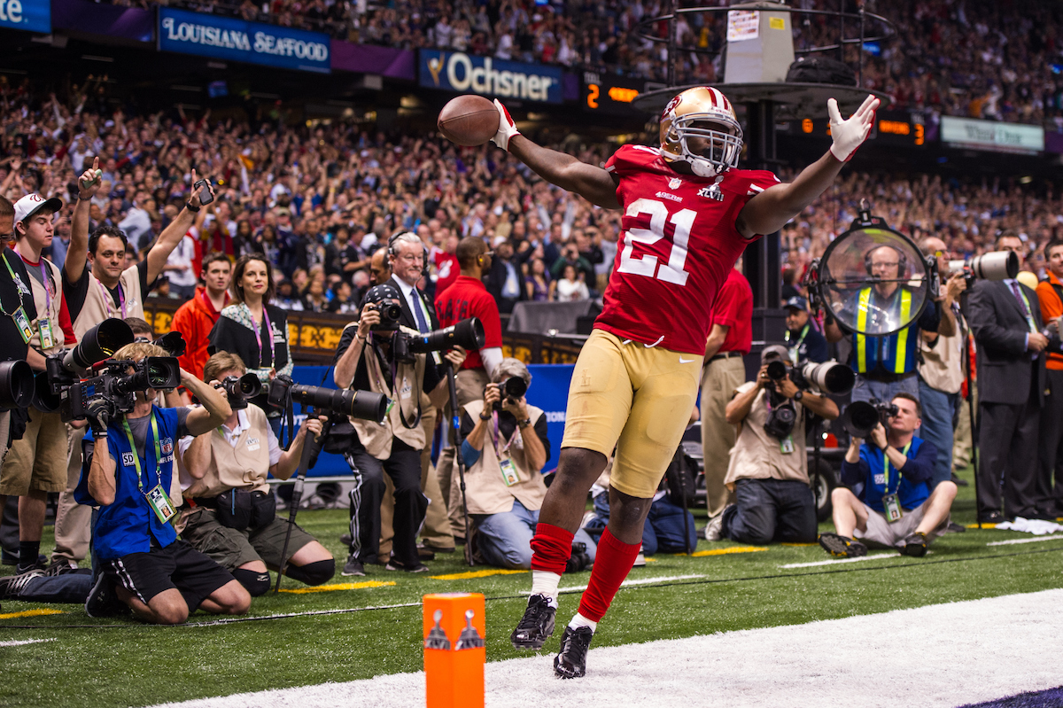 Frank Gore celebrates a touchdown for the San Francisco 49ers in Super Bowl 47.