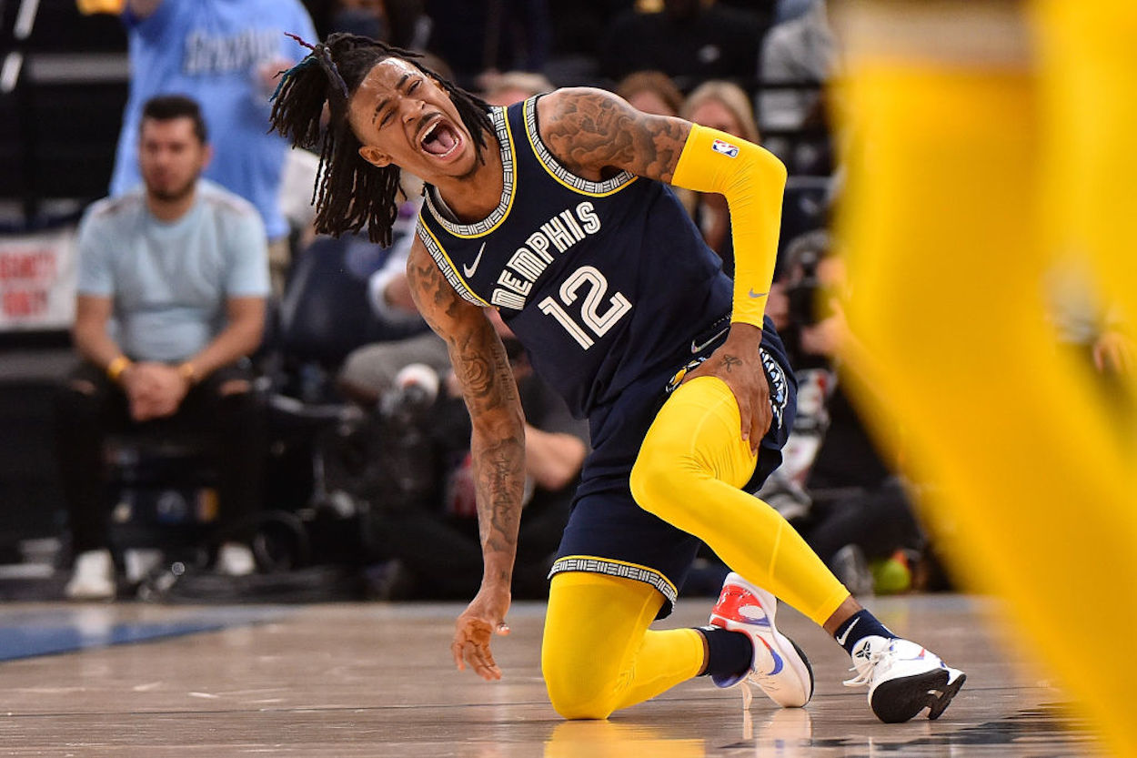 Ja Morant reacts during a Memphis Grizzlies playoff game.