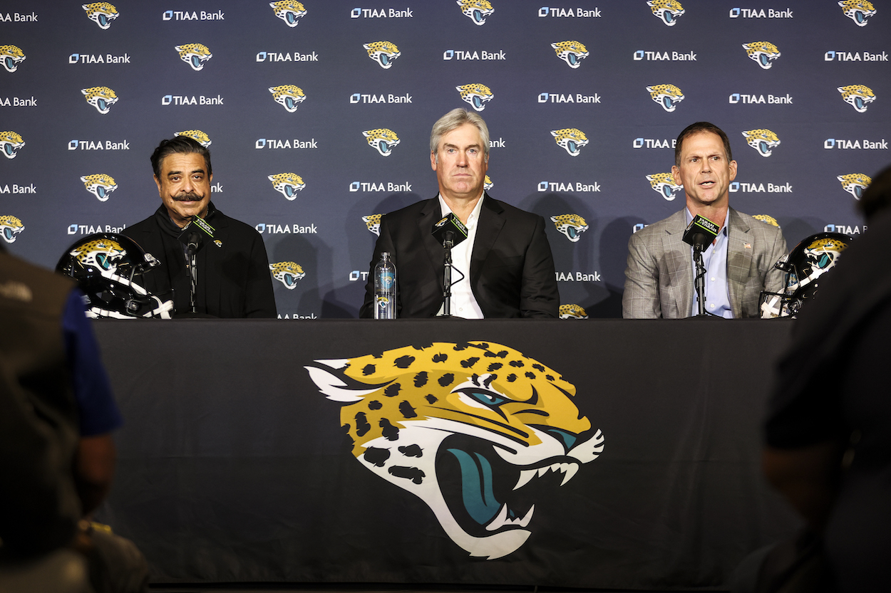 (L-R) Jacksonville Jaguars owner Shad Khan, head coach Doug Pederson, and GM Trent Baalke, who will be making the No. 1 pick in the 2022 NFL Draft.