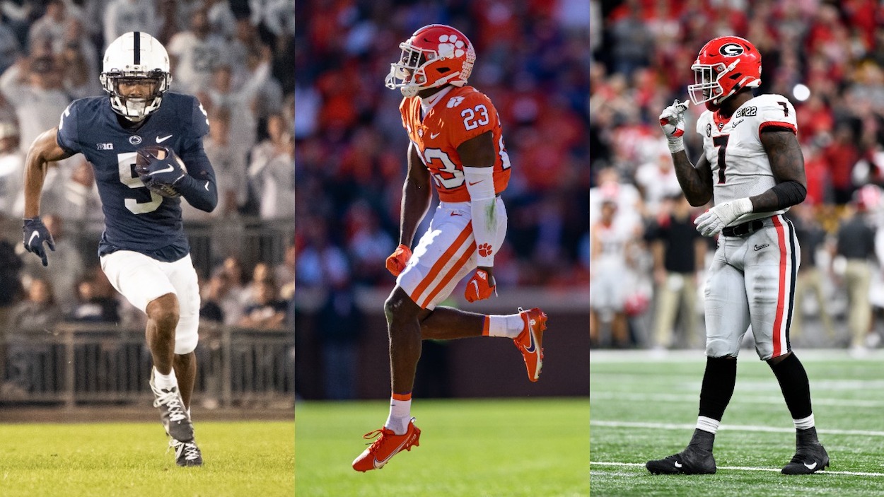 (L-R) Penn State WR Jahan Dotson, Clemson CB Andrew Booth Jr., and Georgia LB Quay Walker should all be targets of the Buffalo Bills at No. 25 in the 2022 NFL Draft.