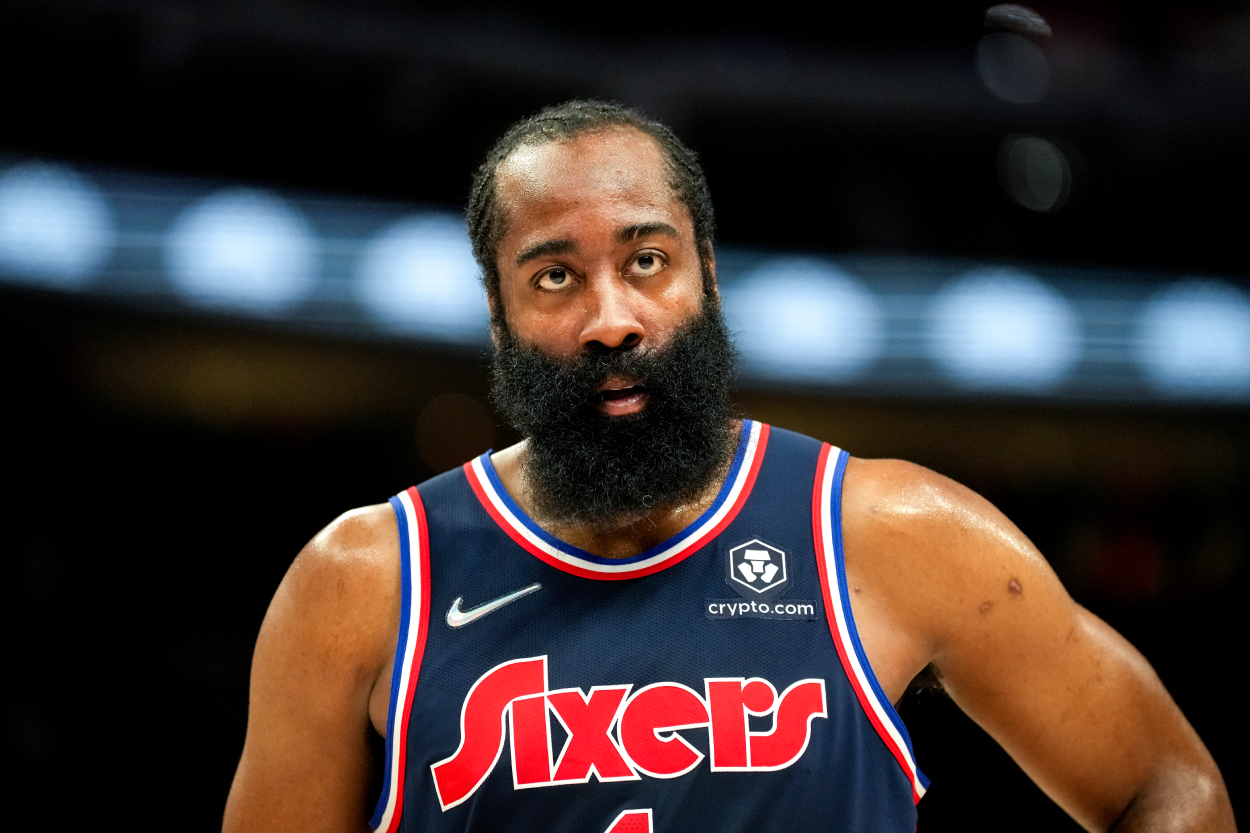 Philadelphia 76ers star James Harden during a game in March 2022.