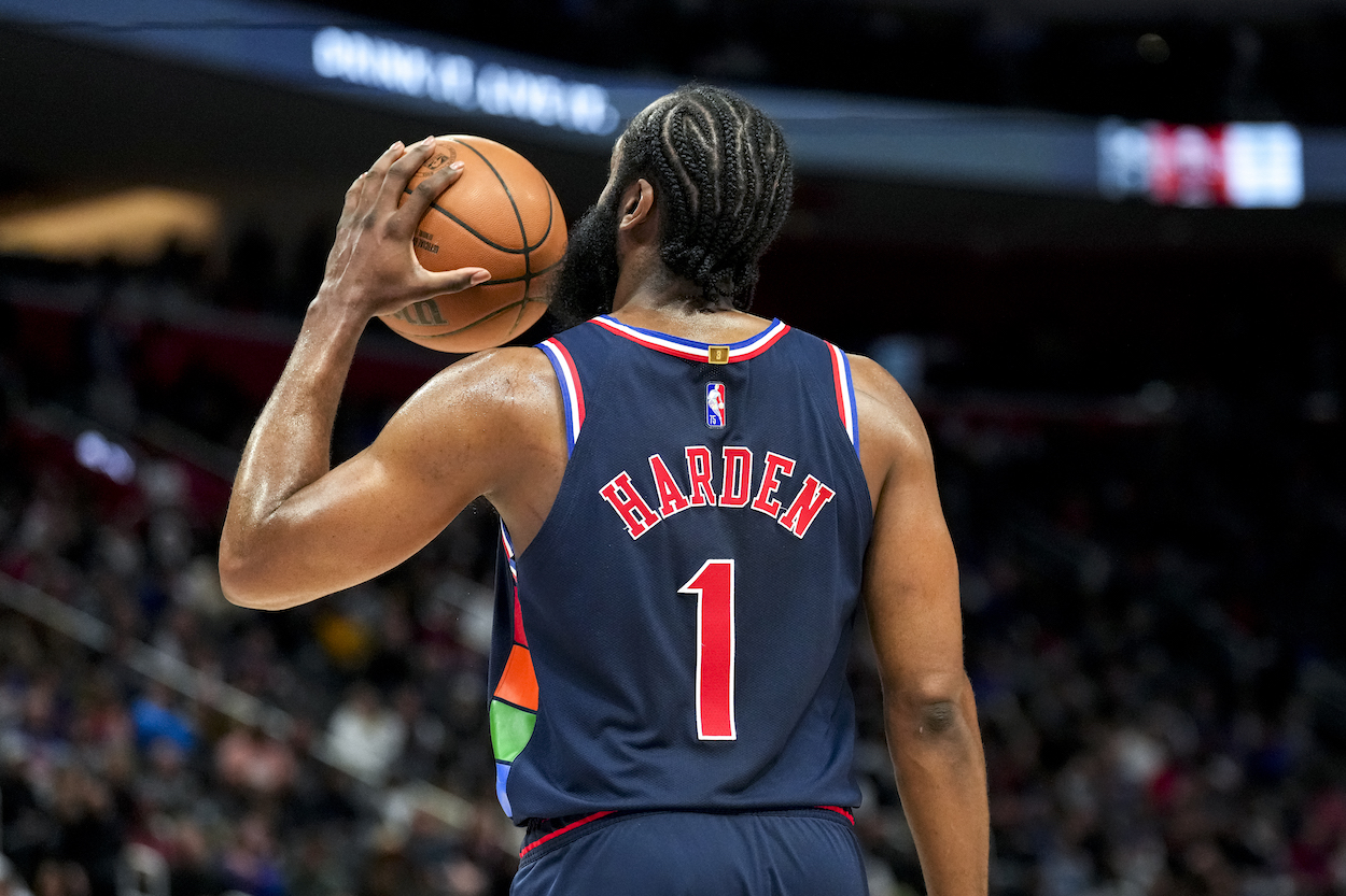 James Harden looks on against the Pistons.