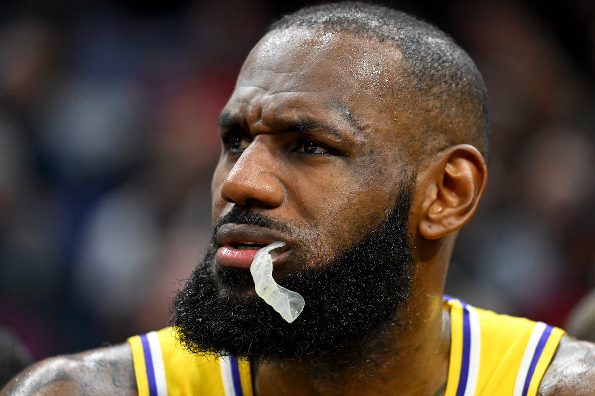 LeBron James of the Los Angeles Lakers chews on his mouthguard.