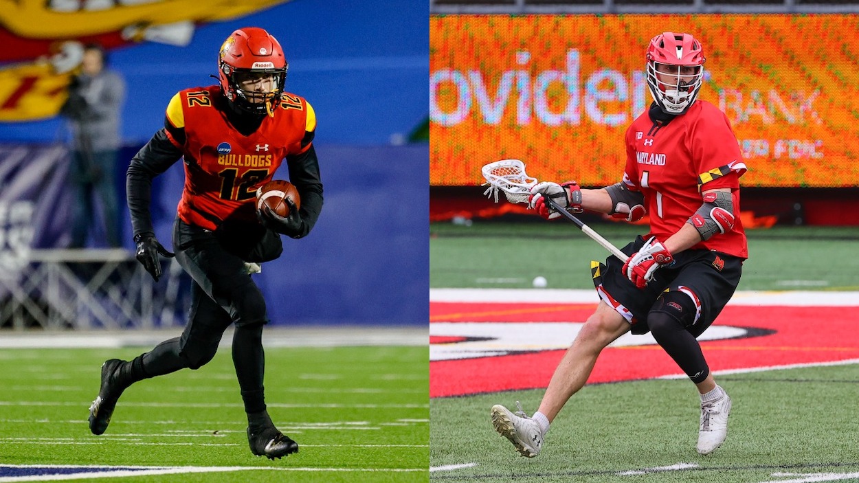 Jared Bernhardt playing football at Ferris State in December 2021; Bernhardt playing lacrosse at Maryland in March 2021. Bernardt could be an NFL draft target of lacrosse-loving New England Patriots head coach Bill Belichick.