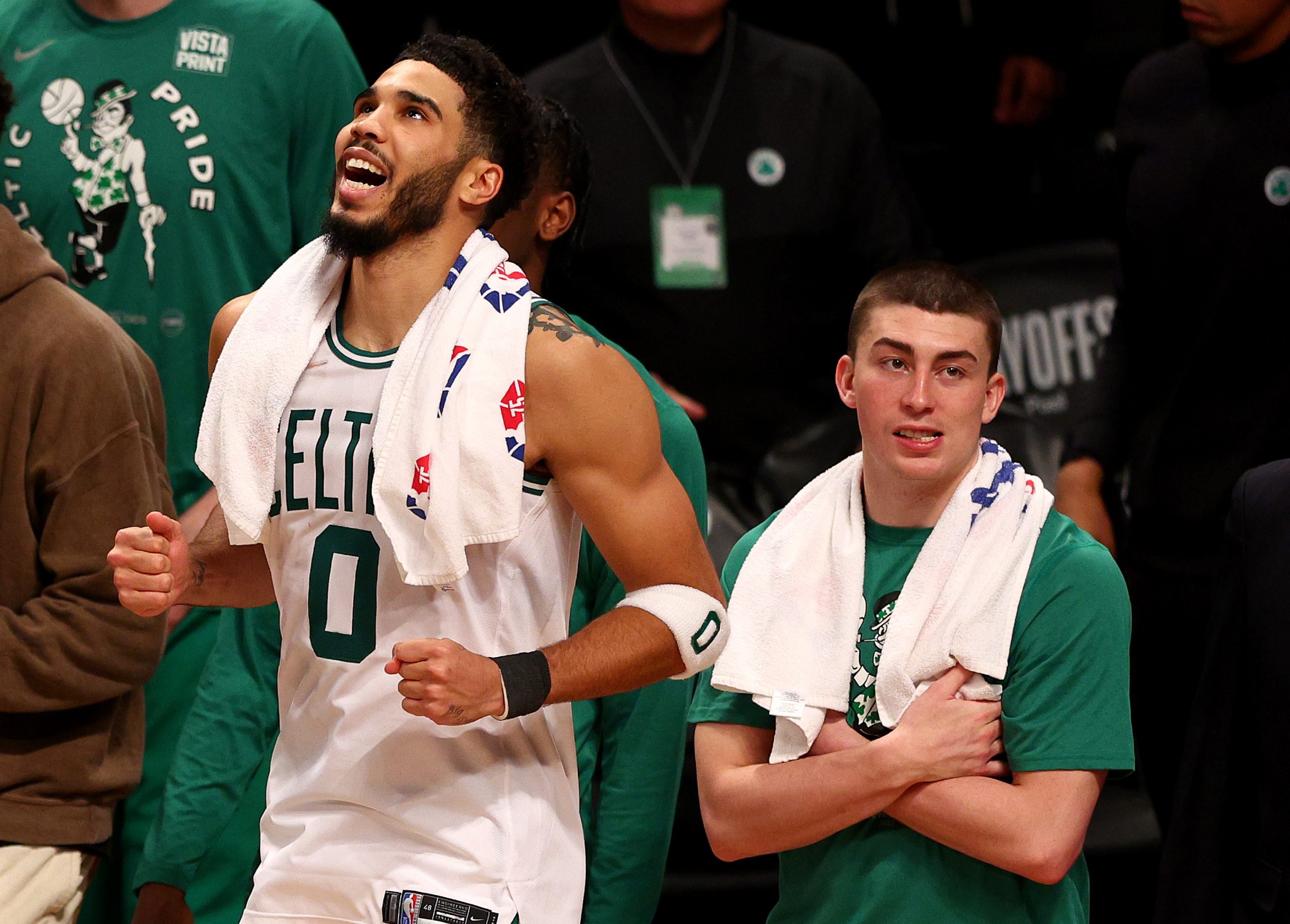 Jayson Tatum of the Boston Celtics celebrates in the final minute of Game 4 of the Eastern Conference Playoffs.