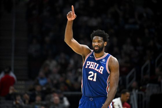 Joel Embiid reacts against the Cavaliers.