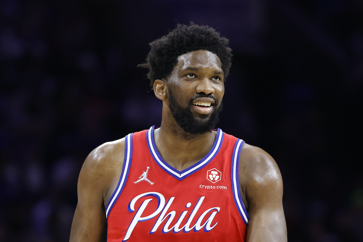 Joel Embiid looks on for the 76ers.
