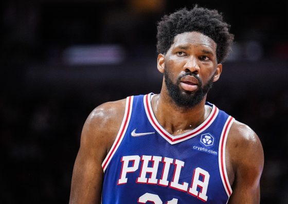 Joel Embiid during a Philadelphia 76ers-Toronto Raptors matchup