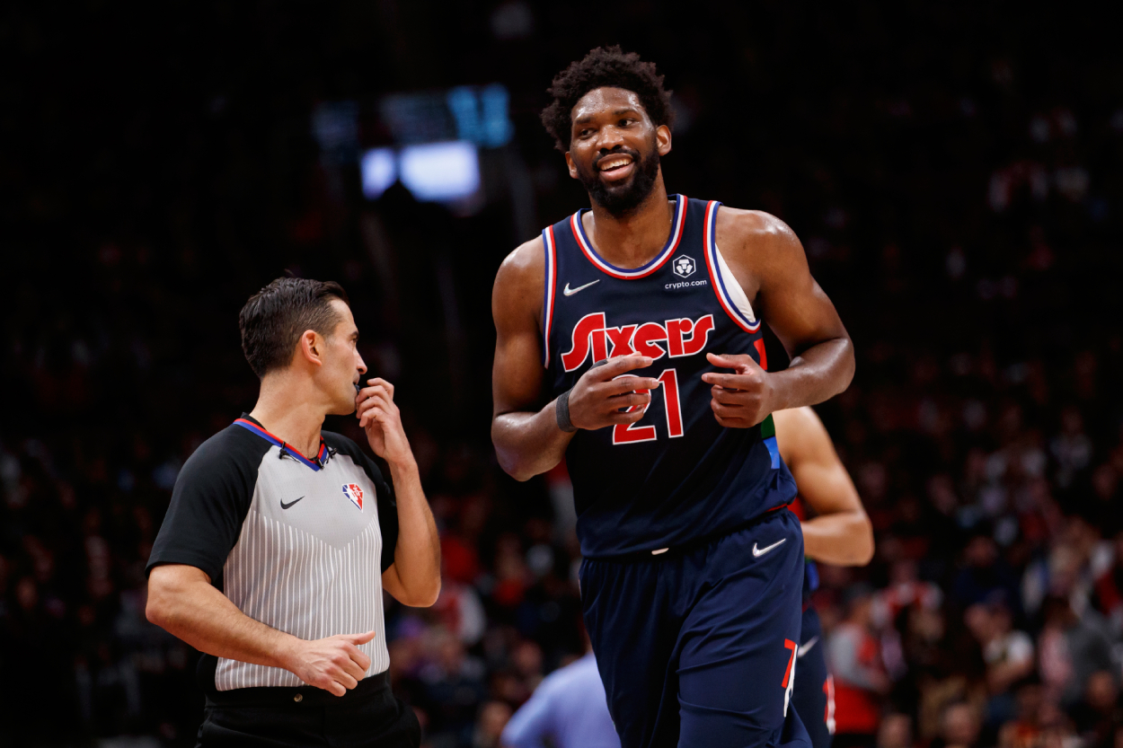 Joel Embiid of the Philadelphia 76ers smiles in the final minutes of second half of Game 6.