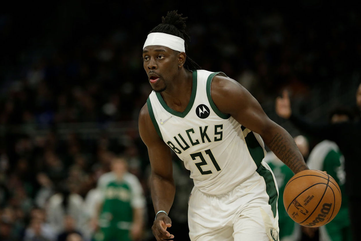 Jrue Holiday dribbles the ball up the court for the Milwaukee Bucks.