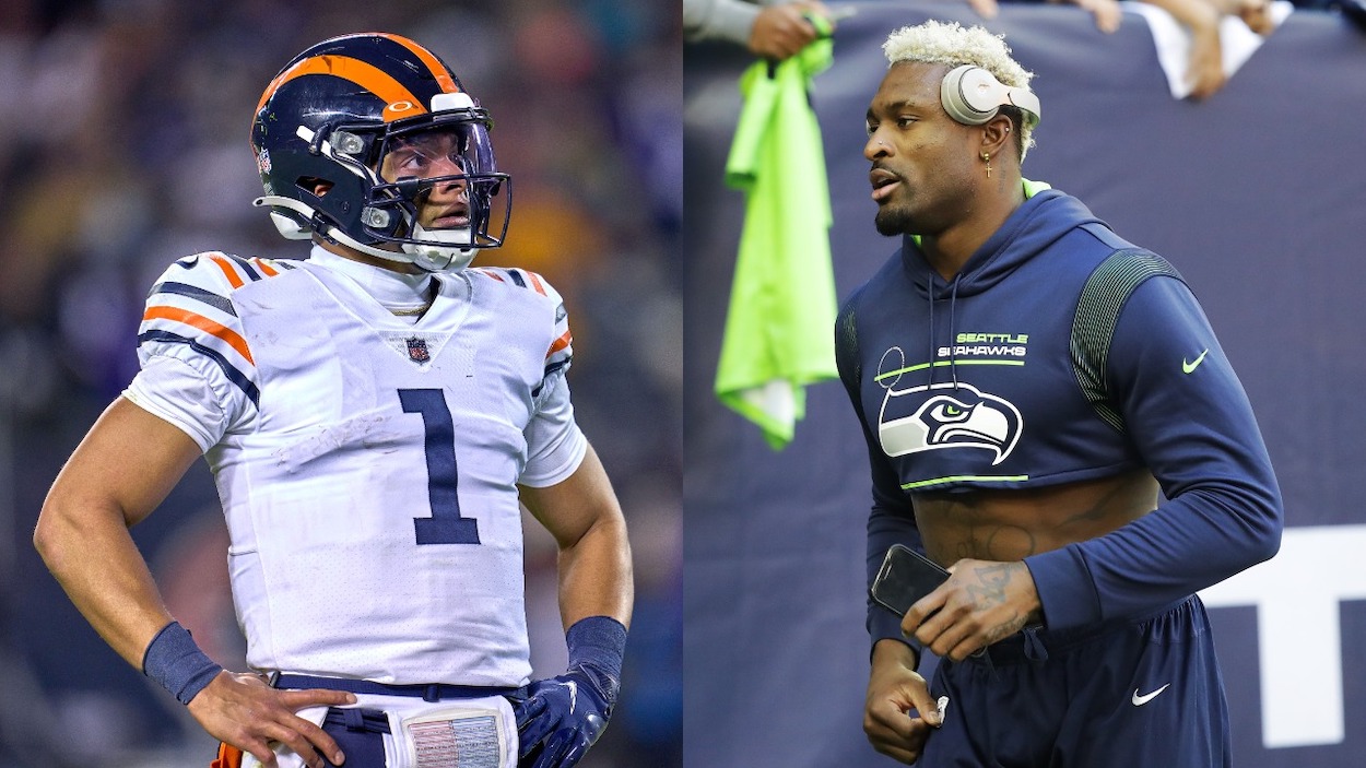 (L-R) Chicago Bears quarterback Justin Fields looks on during a game; DK Metcalf of the Seattle Seahawks on the field during pregame warm-ups.