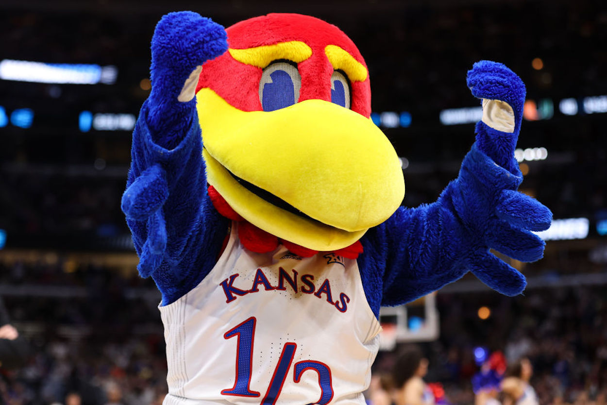 The University of Kansas' Jayhawk mascot during an NCAA Tournament game.