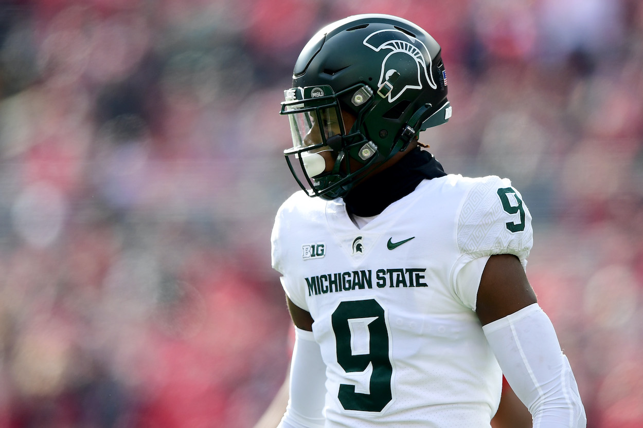 Kenneth Walker III of the Michigan State Spartans looks on during the first half of a game. Mel Kiper Jr. thinks the Buffalo Bills could take Walker in Round 2 of the 2022 NFL Draft.