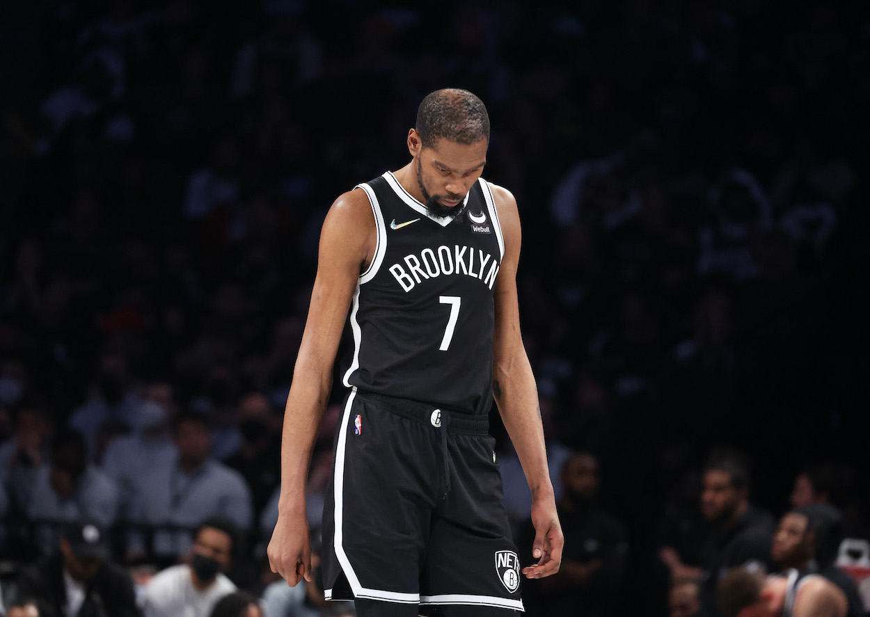 Kevin Durant looks down against the Celtics.