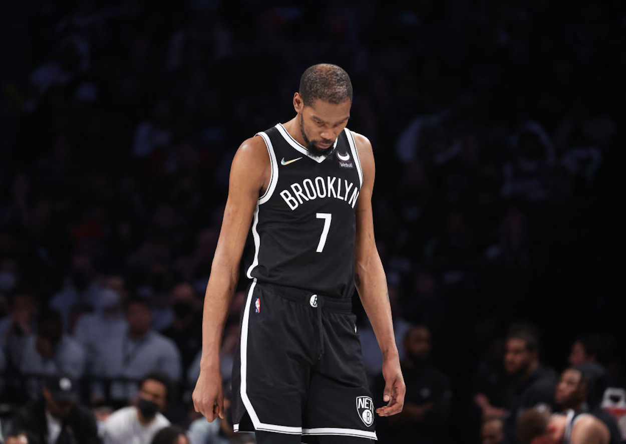 Kevin Durant reacts during a Brooklyn Nets' playoff defeat.