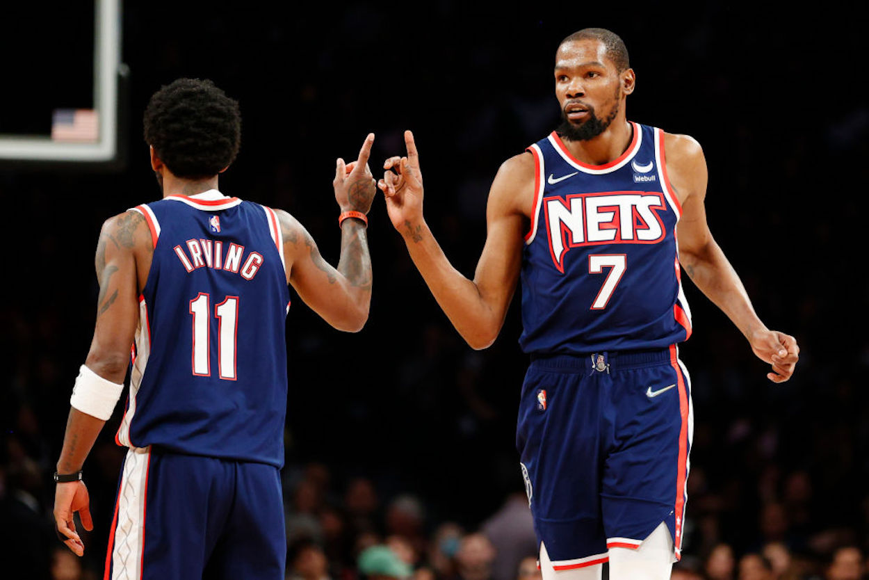 Kyrie Irving (L) and Kevin Durant (R) during a Brooklyn Nets contest.