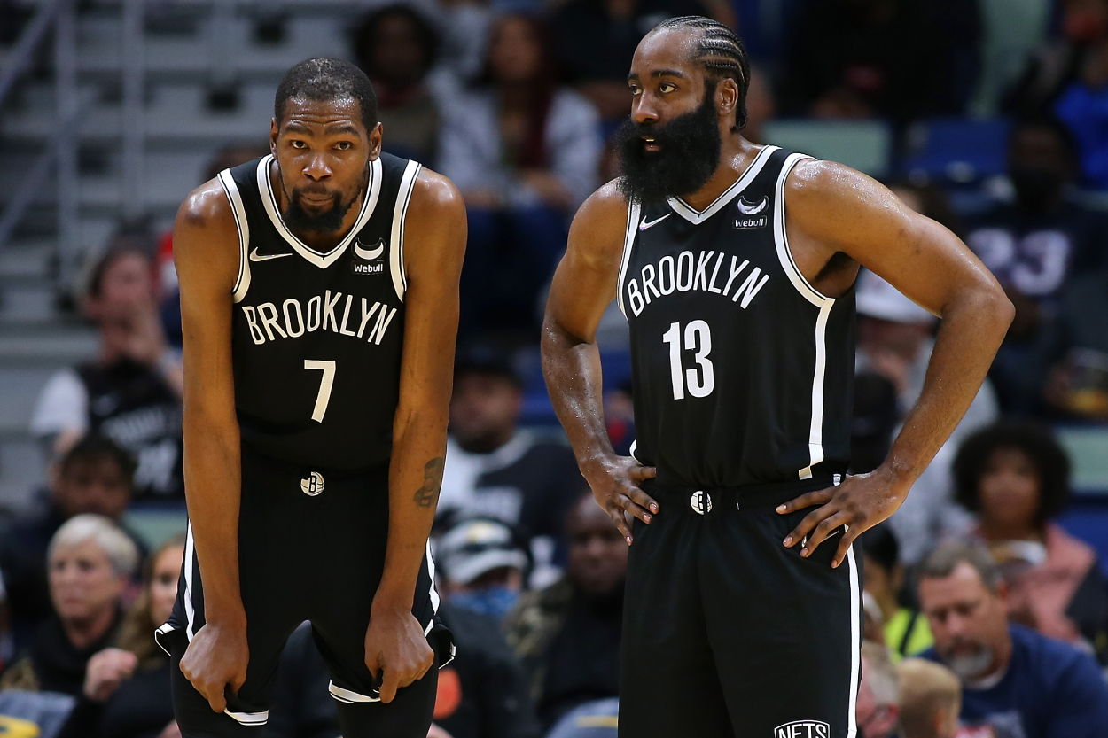 Kevin Durant and his former Brooklyn Nets teammate James Harden.