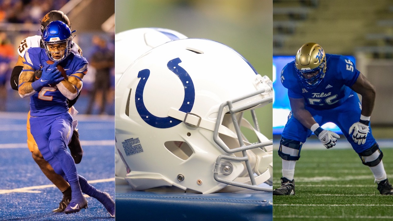 (L-R) Boise State WR Khalil Shakir, an Indianapolis Colts helmet, and Tulsa OL Tyler Smith. Shakir and Smith are picks in this Indianapolis Colts mock draft.