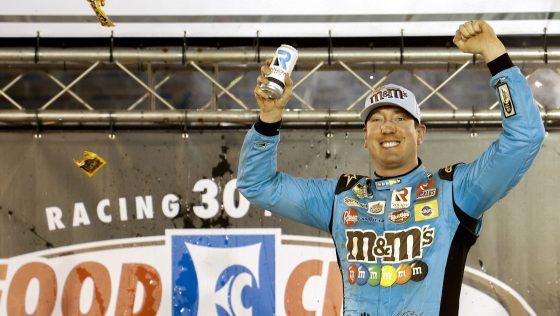 Kyle Busch celebrates in Victory Lane after winning the NASCAR Cup Series Food City Dirt Race at Bristol Motor Speedway on April 17, 2022.