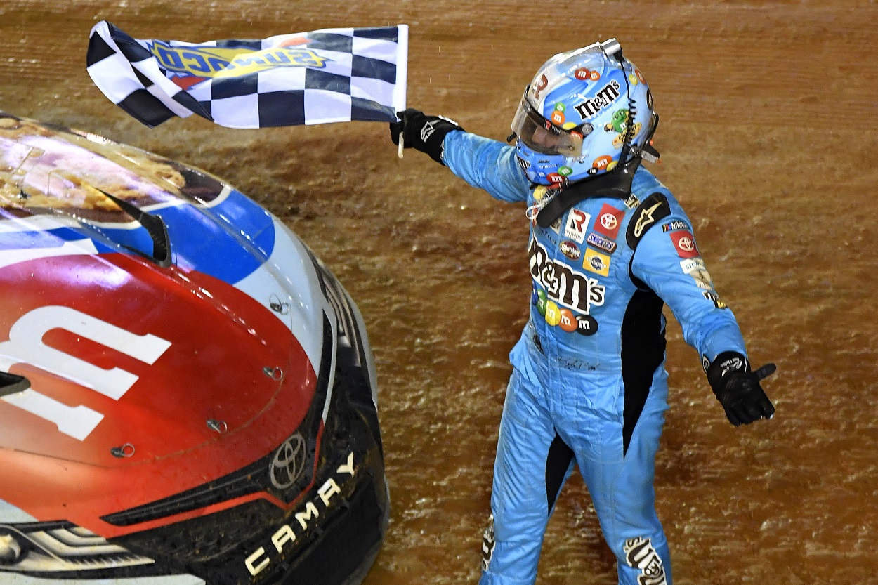 Joe Gibbs Racing driver Kyle Busch after winning the 2022 NASCAR Cup Series dirt race at Bristol Motor Speedway