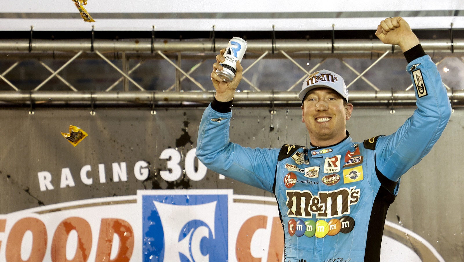 Kyle Busch celebrates in Victory Lane after winning the NASCAR Cup Series Food City Dirt Race at Bristol Motor Speedway on April 17, 2022.