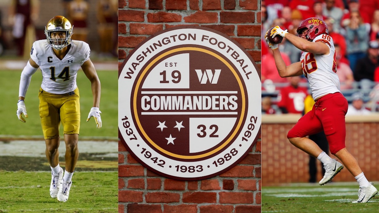 (L-R) Notre Dame S Kyle Hamilton, Washington Commanders logo, Iowa State TE Charlie Kolar. Hamilton and Kolar are picks in this Washington Commanders mock draft.