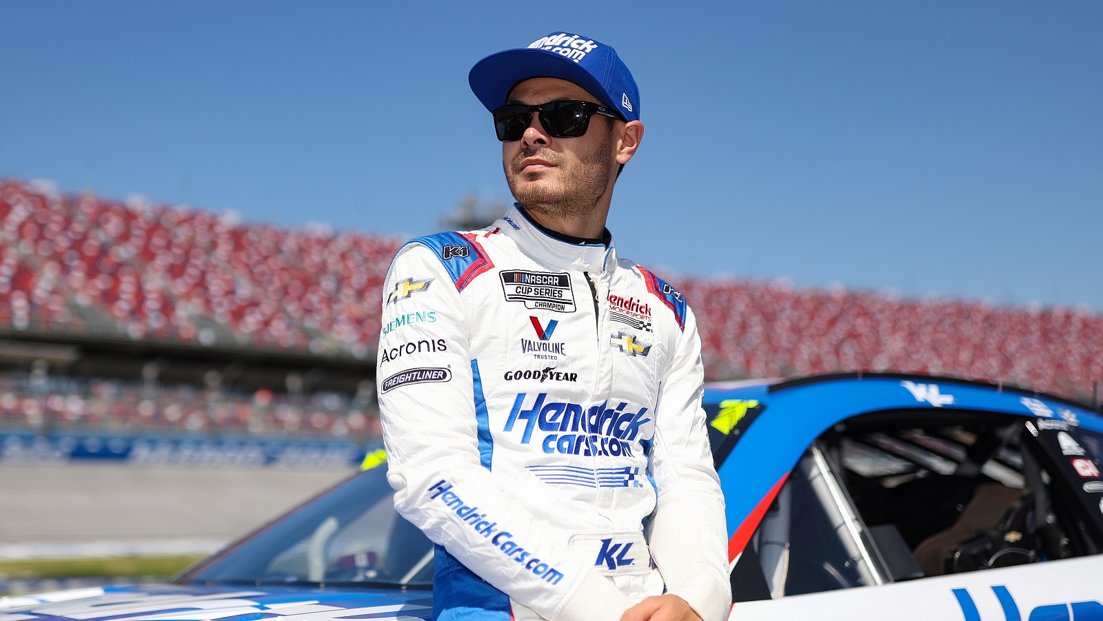 Kyle Larson looks on during qualifying for the NASCAR Cup Series GEICO 500 at Talladega Superspeedway on April 23, 2022.