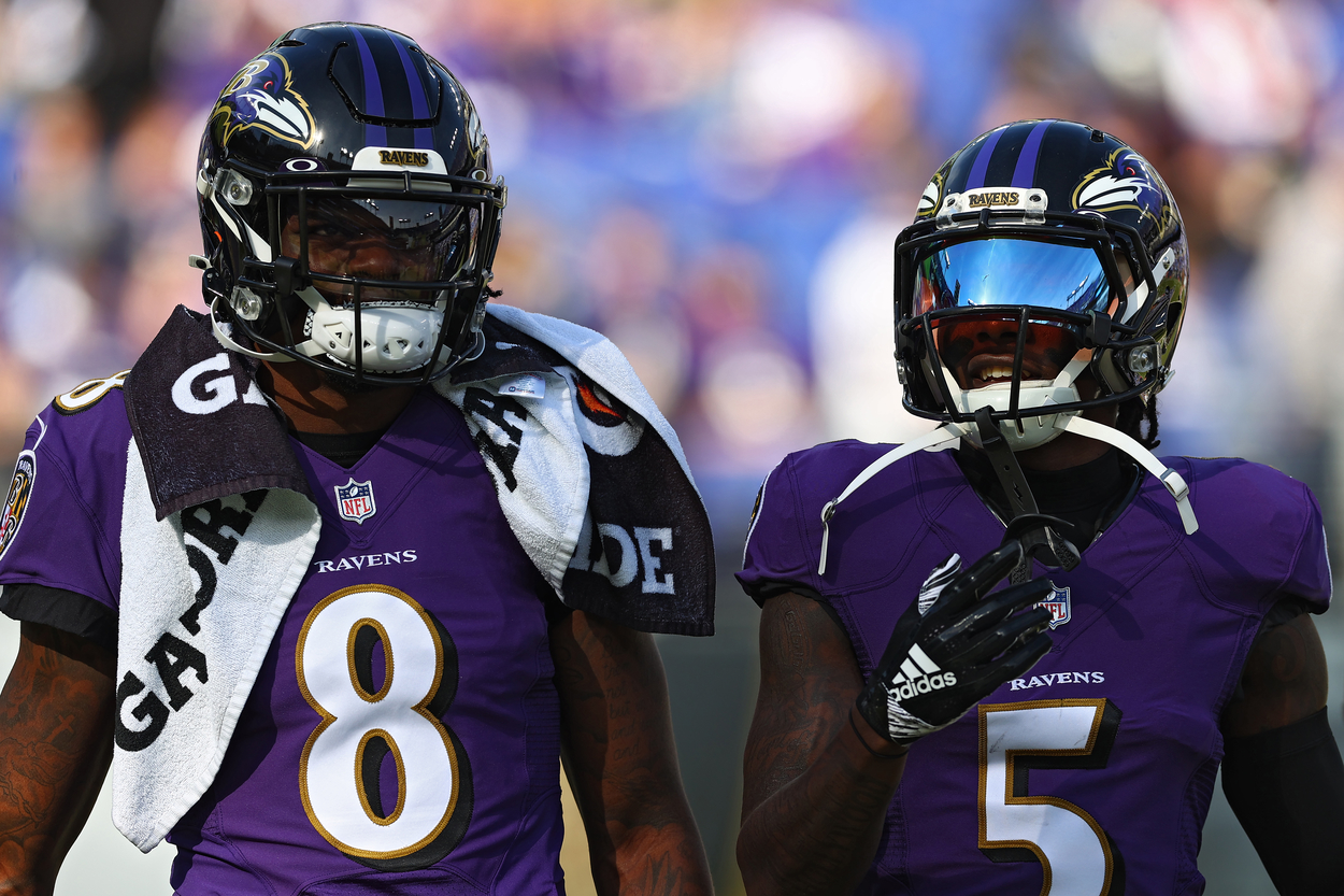 Baltimore Ravens quarterback Lamar Jackson (L) and wideout Marquise Brown in 2021.