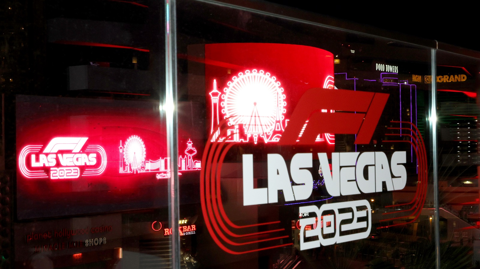 A decal of the Formula 1 Las Vegas Race 2023 is shown with digital signs on the Las Vegas Strip displaying the race logo during the announcement on March 30, 2022.