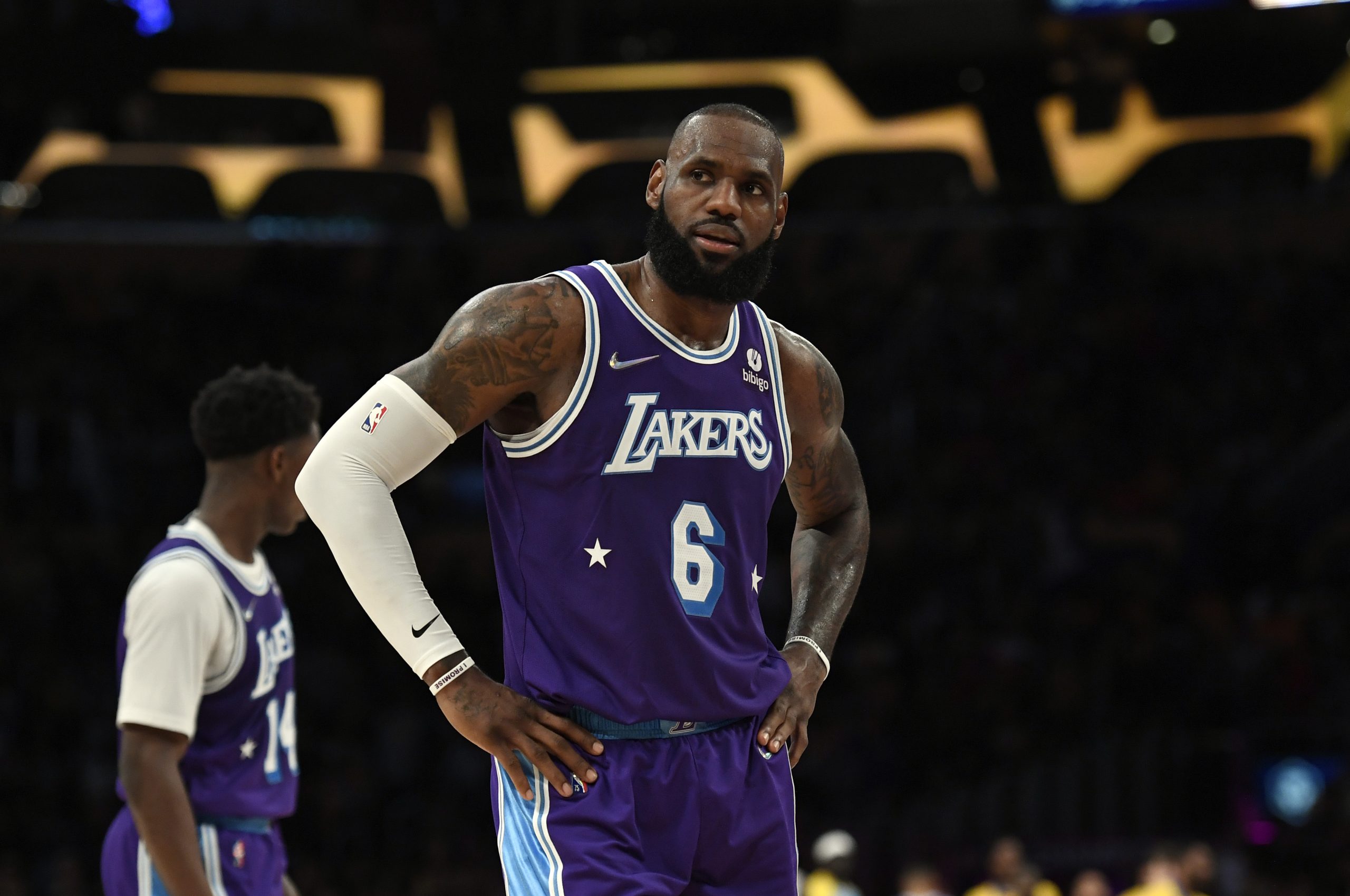 LeBron James of the Los Angeles Lakers reacts in the closing seconds of the game against the New Orleans Pelicans.