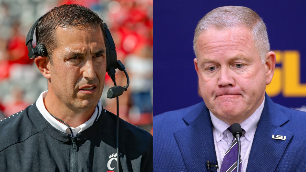 Cincinnati Bearcats head coach Luke Fickell and LSU coach Brian Kelly.