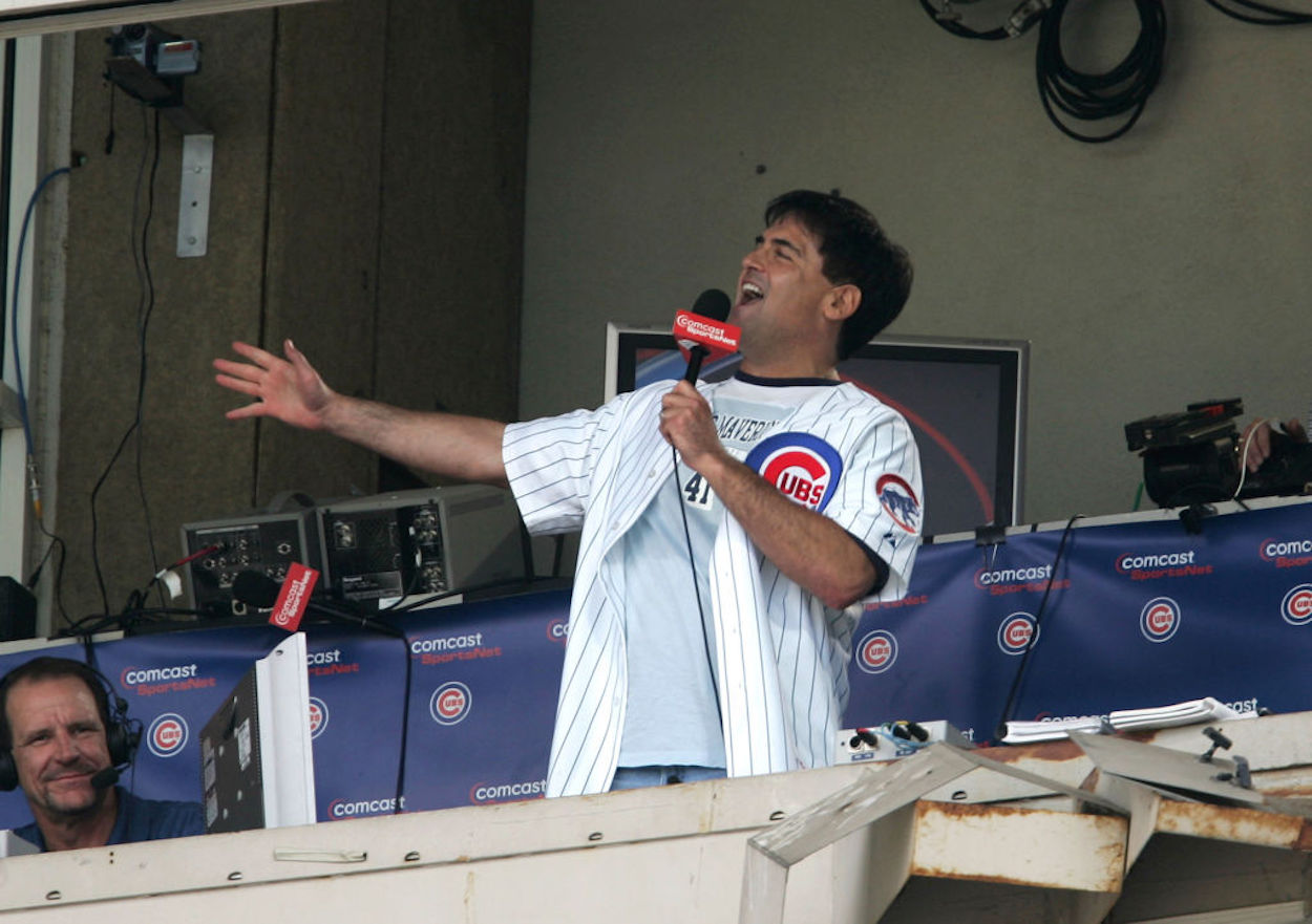 Dallas Mavericks owner Mark Cuban singing 'Take Me Out to the Ballgame' at Wrigley Field